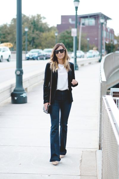 express velvet blazer with ag flares