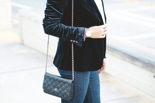 express velvet blazer with chanel woc