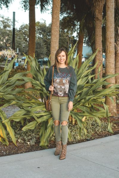 anine bing tiger sweatshirt with free people olive busted knee