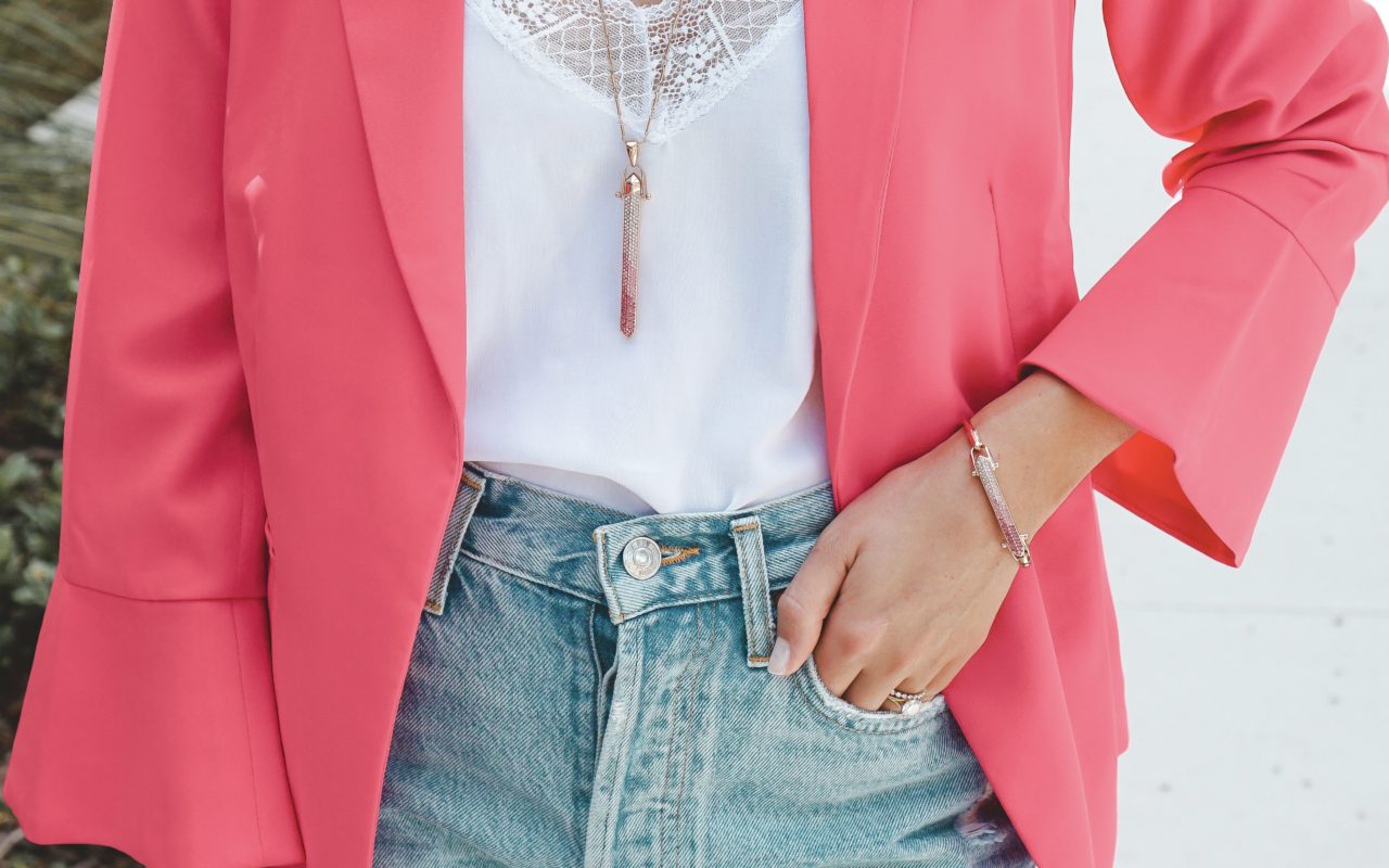 pink blazer with stella dot jewelry