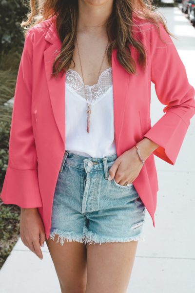 pink blazer with stella dot jewelry