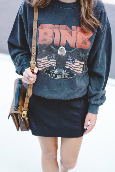 faux suede skirt with anine bing vintage sweatshirt