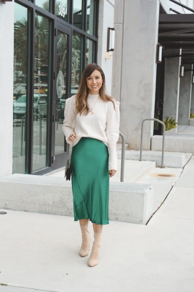 lucy paris emerald satin skirt with cream sweater
