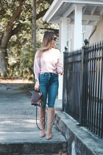 chicwish rose off the shoulder sweater with sam edelman hai boots
