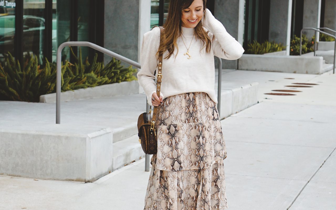 cream sweater with gold grae snakeskin midi