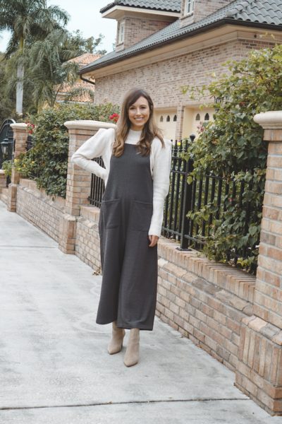 gold grae grey jumpsuit with cream sweater