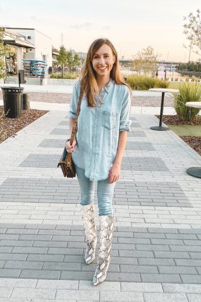 knee high snakeskin boots with chambray outfit