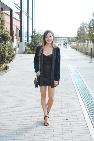 buddy love navy velvet blazer with leather mini skirt