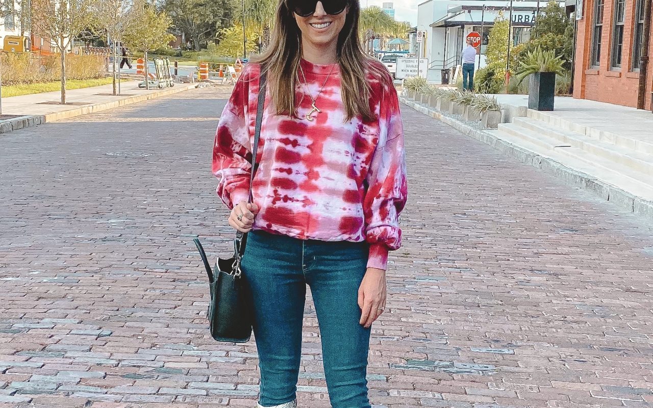 pink tie dye sweatshirt with steve madden kinga boots