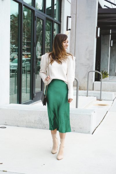 cream sweater with lucy paris emerald satin skirt