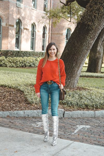 red chenille sweater with steve madden kinga boots