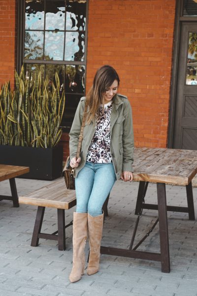 olive cargo jacket with amazon leopard top and hai boots