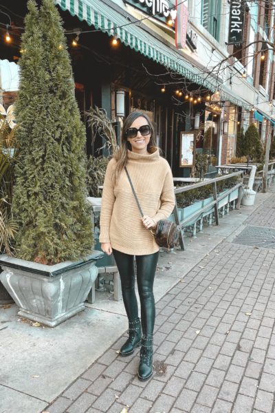 chicwish tan ribbed sweater with faux leather leggings
