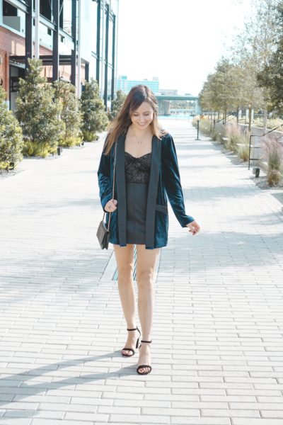 buddy love navy velvet blazer with faux leather mini skirt