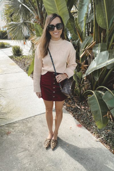 superdown cropped sweater with corduroy skirt
