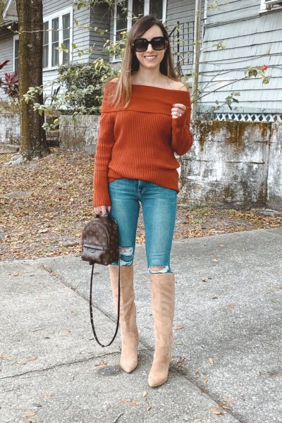 chicwish rust off the shoulder sweater with knee high boots