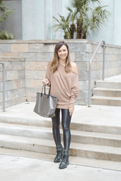 amazon brown waffle knit with spanx leggings and combat boots
