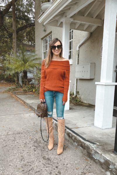 knee high boots with chicwish rust off the shoulder sweater