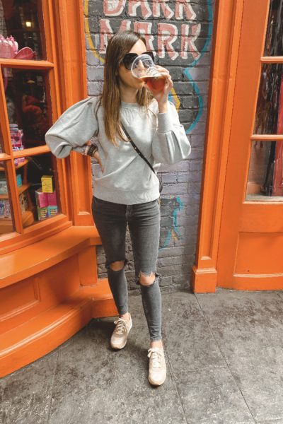 rebecca minkoff grey sweatshirt with lv palm springs mini at harry potter world drinking beer