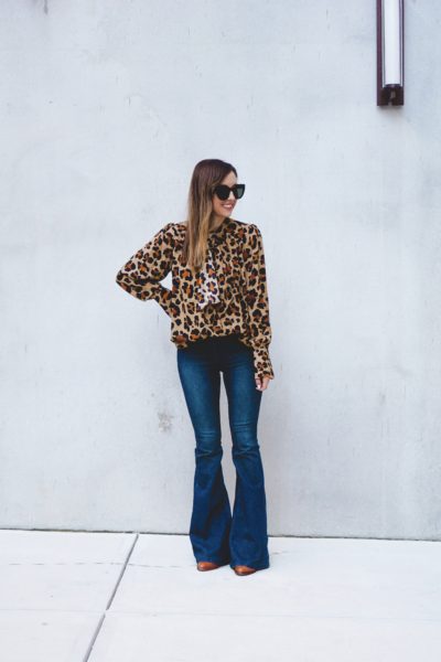 judith march leopard blouse with flare denim