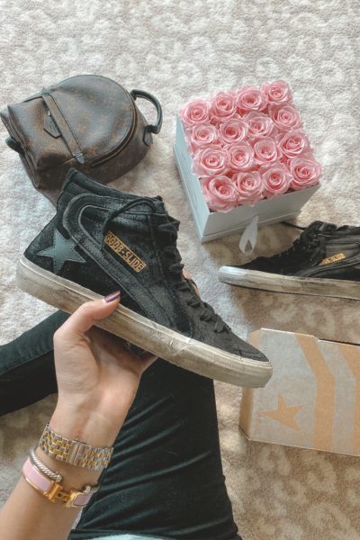 golden goose suede black high tops with roses