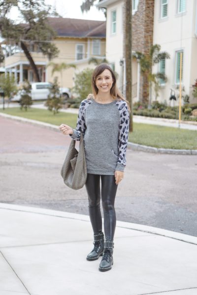 amazon leopard sleeve top with spanx leggings and combat boots