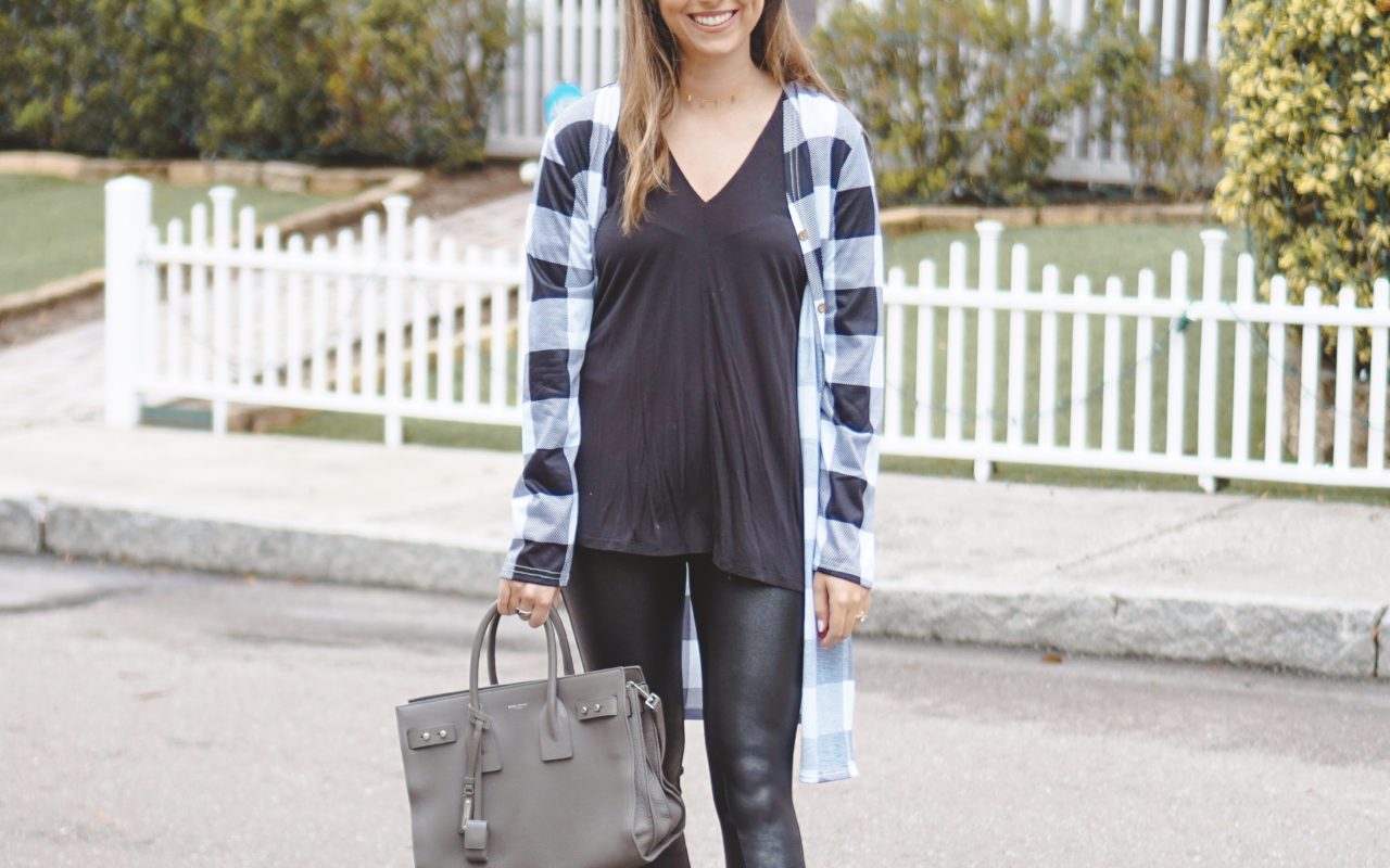 amazon plaid cardigan with spanx leggings and combat boots