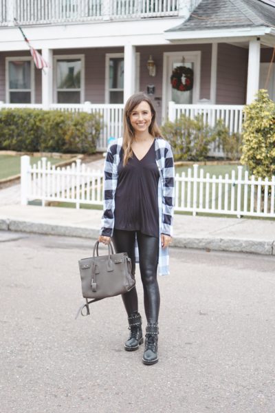 amazon plaid cardigan with spanx leggings and combat boots