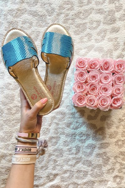 marc joseph blue snakeskin sandals with roses