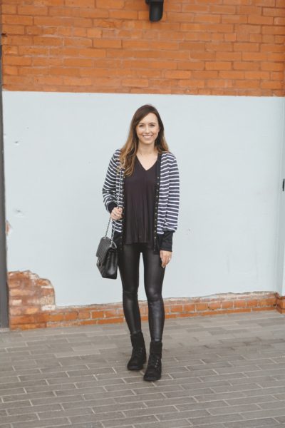 amazon stripe cardigan with spanx leggings and combat boots