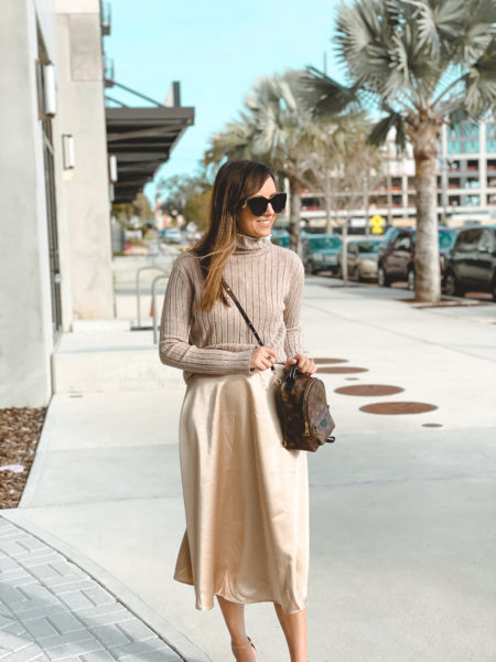 chicwish gold midi skirt with ribber turtleneck