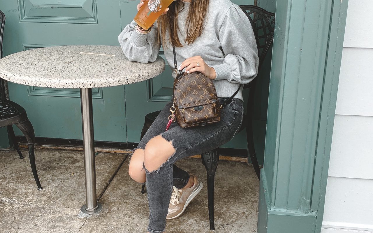 rebecca minkoff grey sweatshirt with lv palm springs mini at starbucks