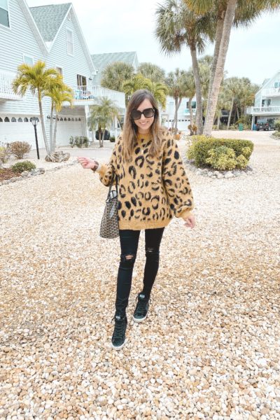 chicwish leopard sweater with ripped denim and golden goose