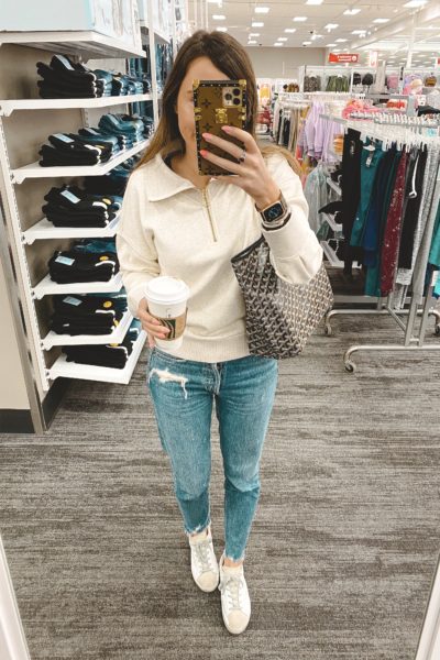 athleta cozy karma pullover with agolde jeans and goyard