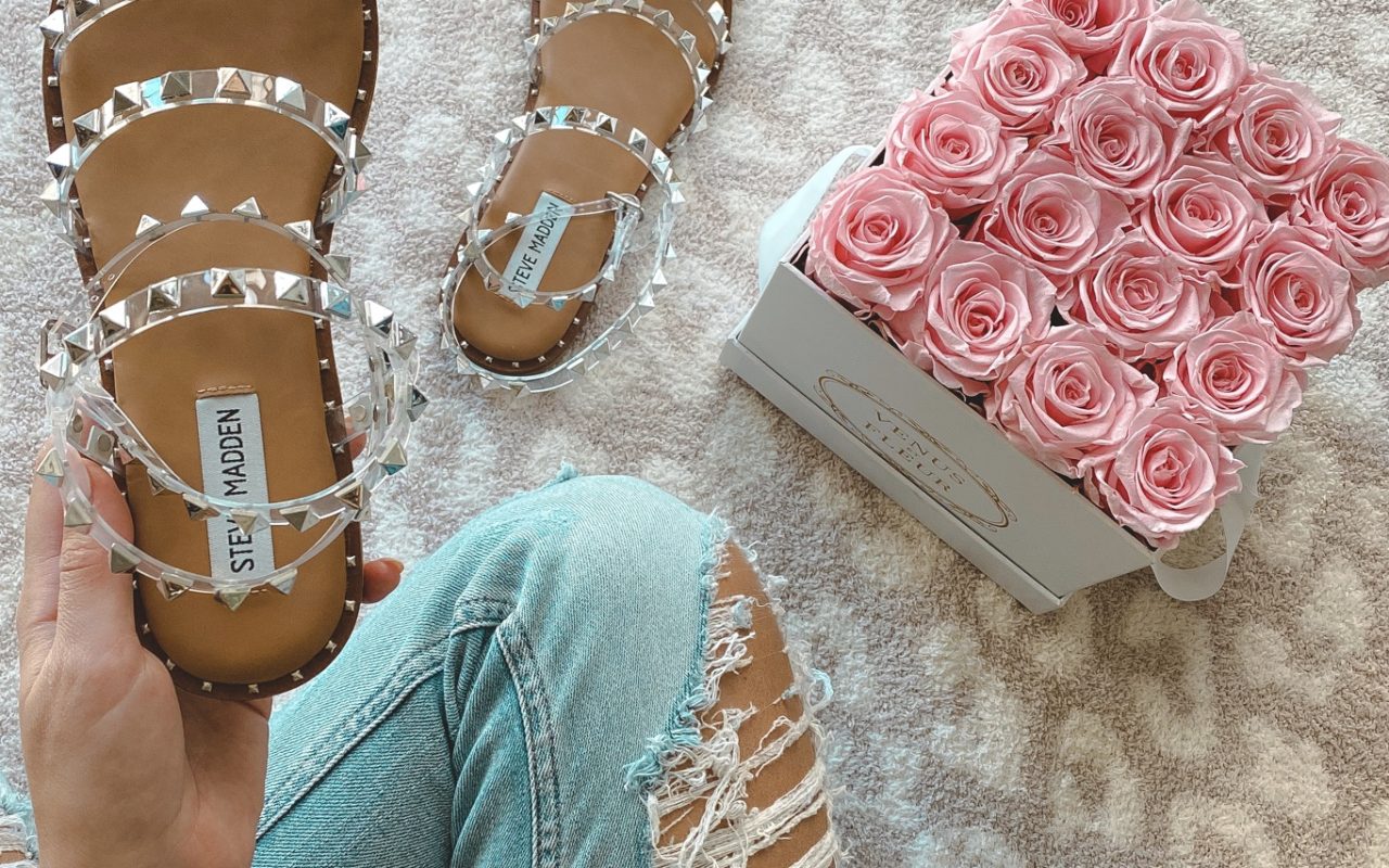 steve madden travel clear sandals with roses