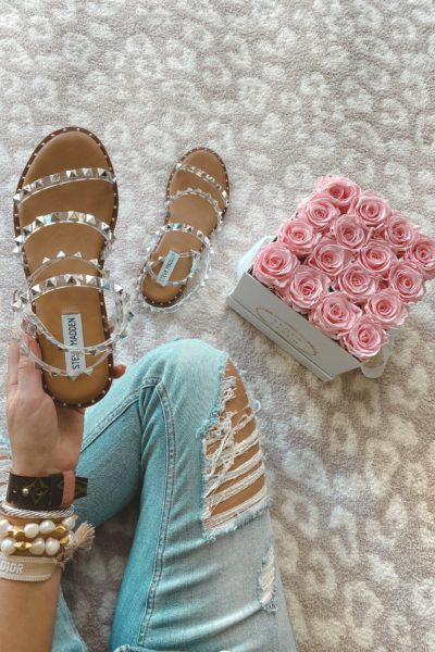 steve madden travel clear sandals with roses
