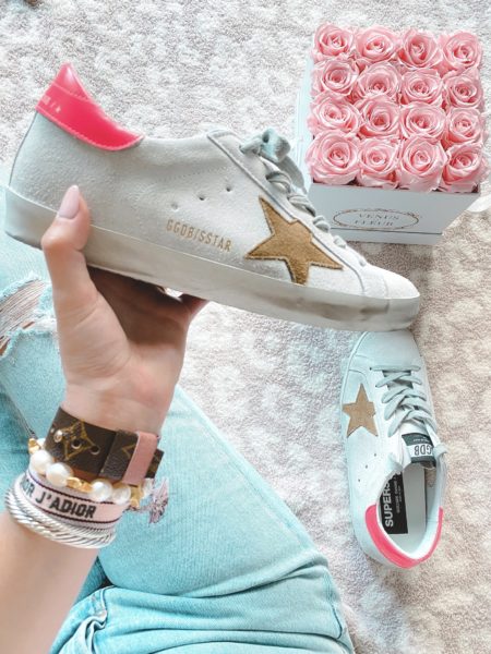 roses with tan star pink back golden goose sneakers