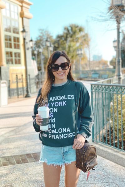 anine bing city sweatshirt with agolde shorts and lv palm springs mini