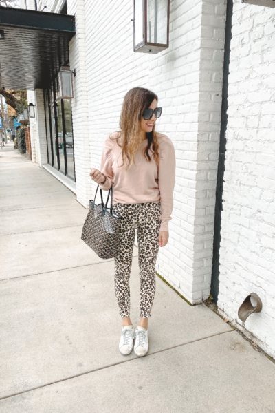 joie pink sweatshirt with leopard jeans and goyard