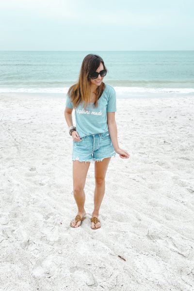 airplane mode tee with agolde shorts and sandals