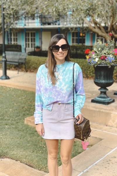 target tie dye waffle knit with purple suede skirt and lv palm springs