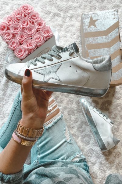 golden goose silver star sneakers with roses