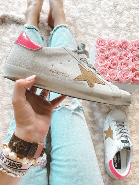 tan star pink back golden goose sneakers with roses