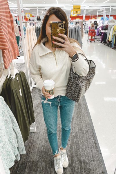 agolde jeans with athleta cozy karma pullover and goyard