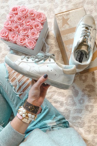 golden goose white low top sneakers with roses