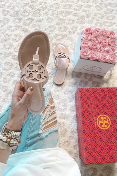 tory burch blush miller sandals with roses
