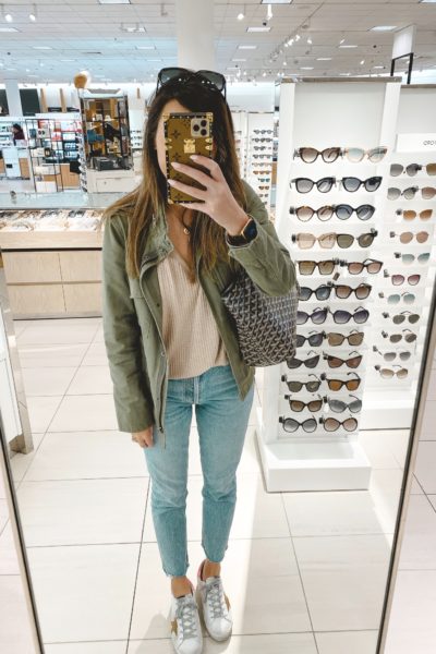 free people waffle knit with olive cargo jacket and agolde jeans
