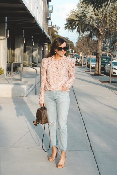 wayf emma lace top with agolde jeans and louis vuitton palm springs