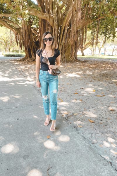 lovers friends denim with free people bodysuit and louis vuitton multi pouchette