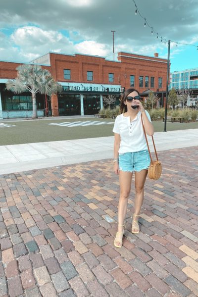 agolde shorts with amazon white waffle knit and straw bag